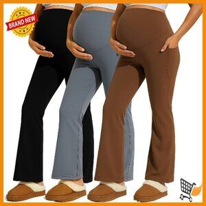 Maternity Flare Leggings 3 Pack Over Belly Pockets Yoga Pants